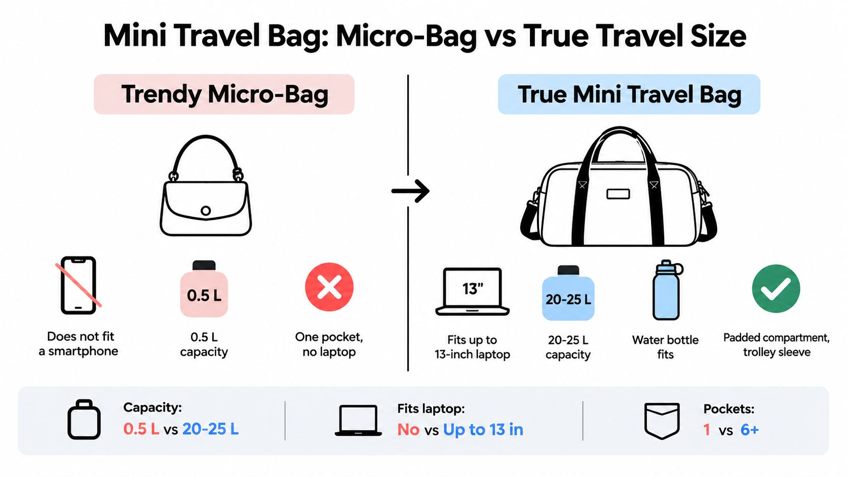 A comparison chart showing the differences between a small trendy micro-bag and a functional mini travel bag.