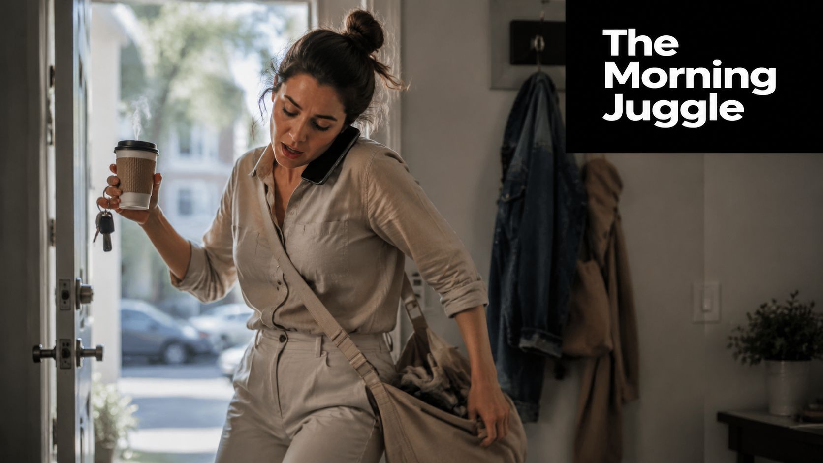 A busy woman wearing a crossbody tote bag rushing out of her home with coffee and keys.