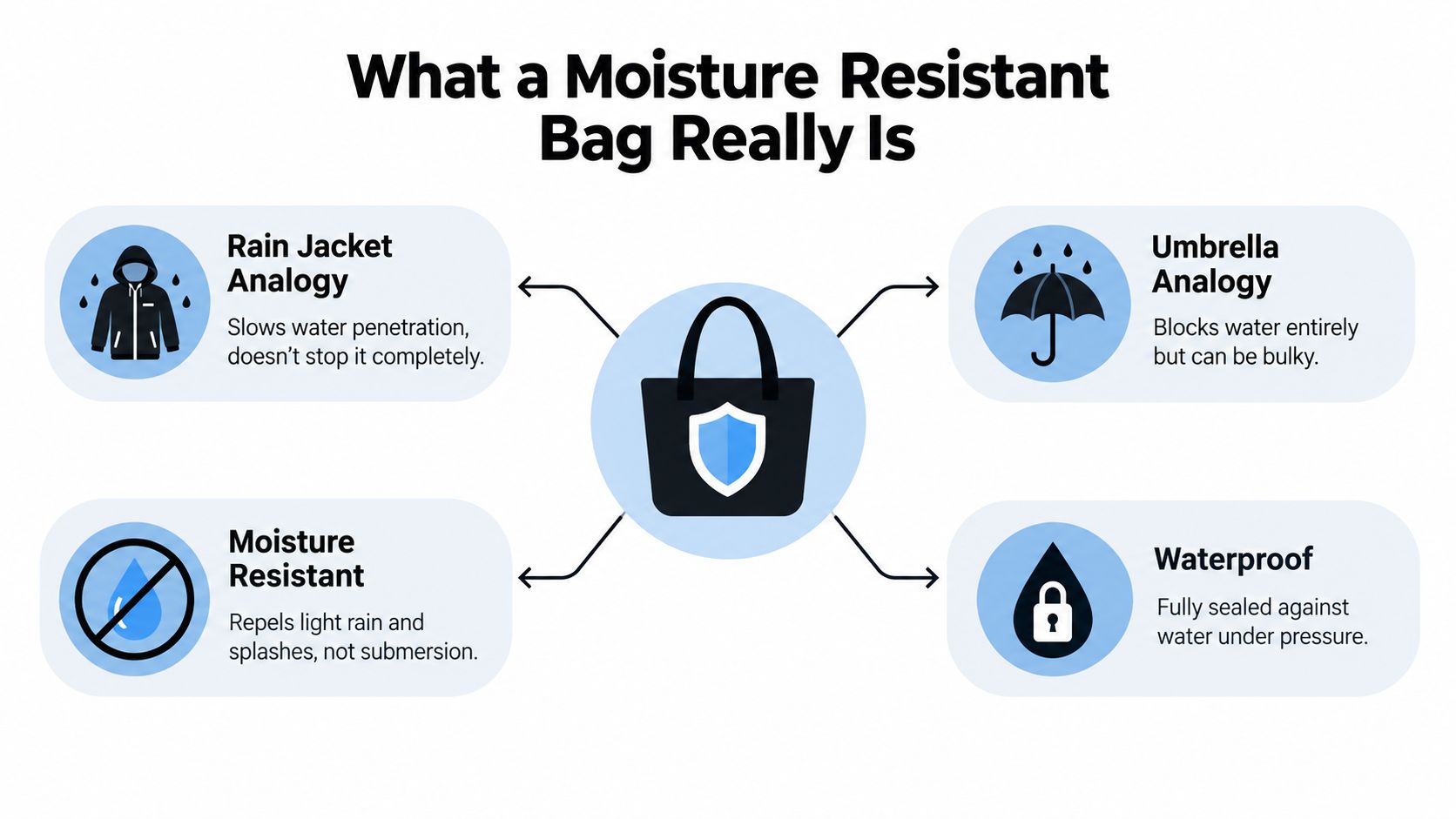 An infographic explaining that a moisture resistant bag repels light rain but is not fully waterproof.