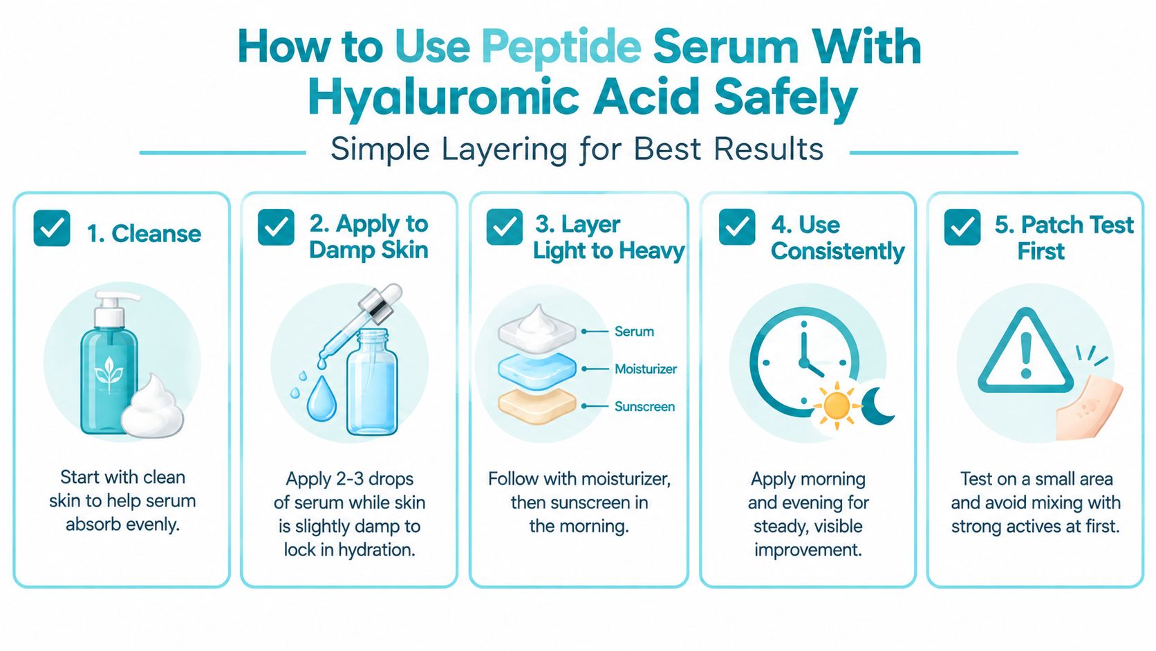 An infographic showing five simple steps to safely layer peptide serum with hyaluronic acid for skincare.