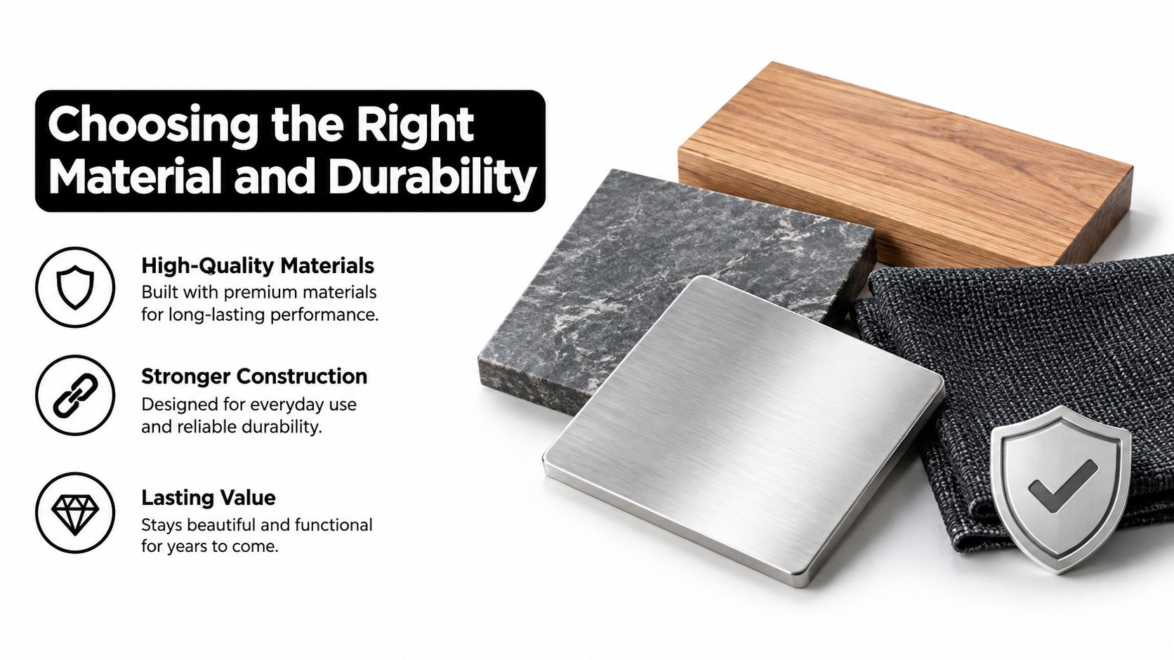 A marketing graphic titled Choosing the Right Material and Durability featuring material samples like wood, metal, and fabric.