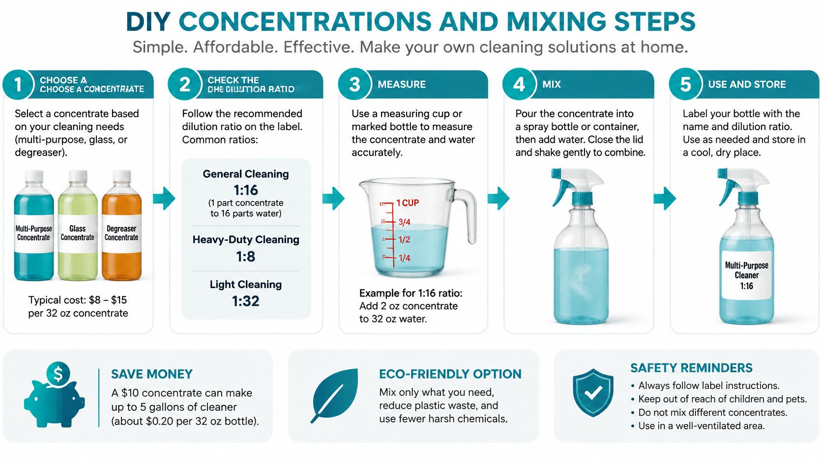 An infographic detailing the simple five-step process for measuring, mixing, and storing DIY cleaning solutions.