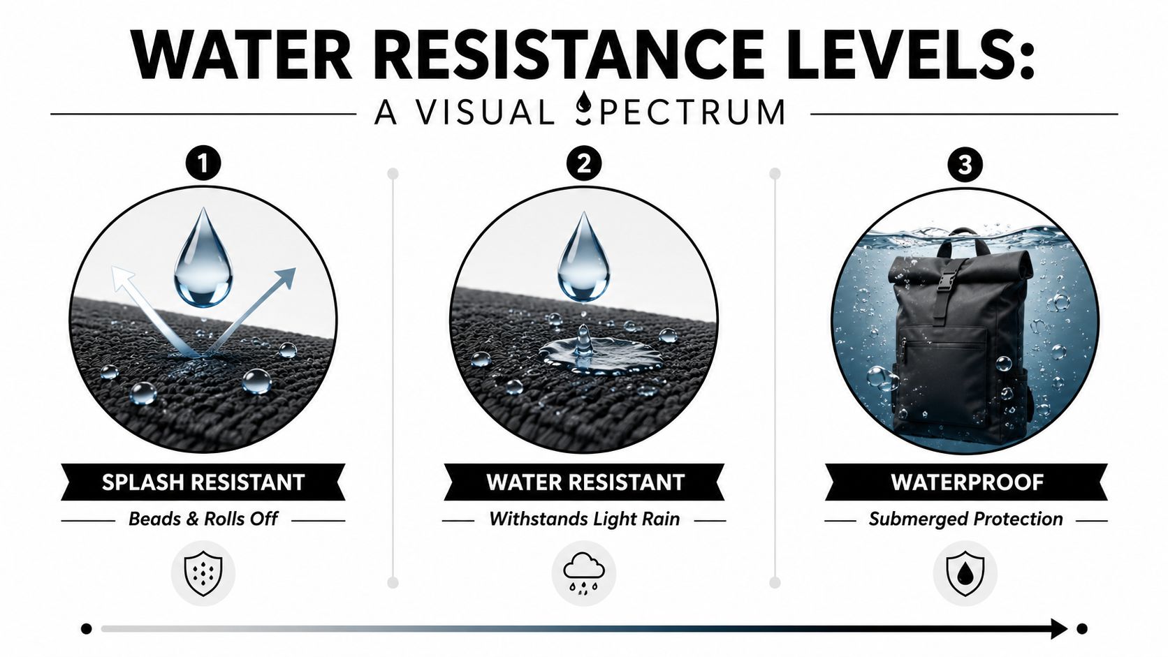 A visual guide explaining three levels of water resistance for products: splash resistant, water resistant, and waterproof.