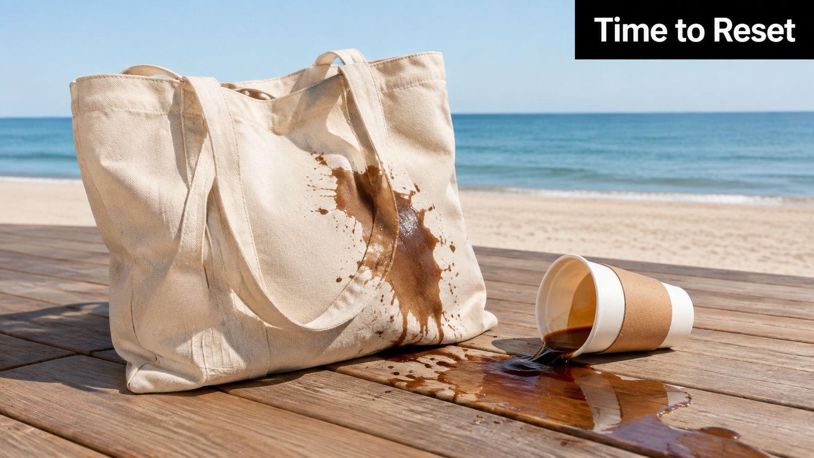 A canvas tote bag stained with spilled coffee next to a toppled disposable coffee cup on a beach deck.