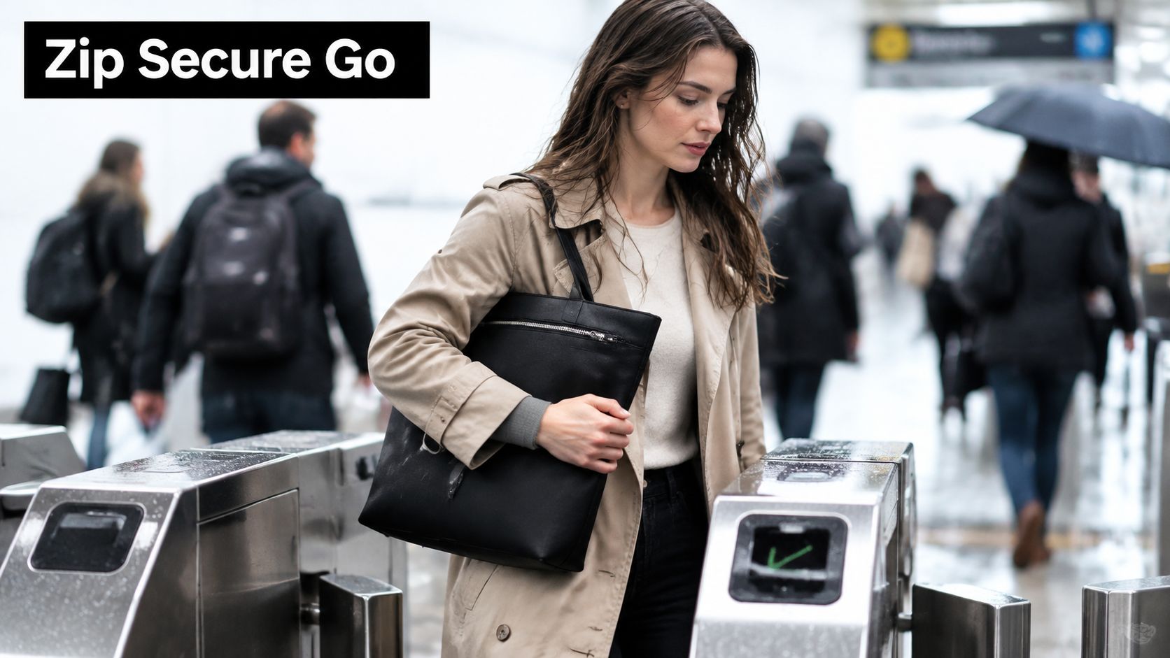A woman walks through a subway gate carrying a stylish black leather tote bag with zipper closure.