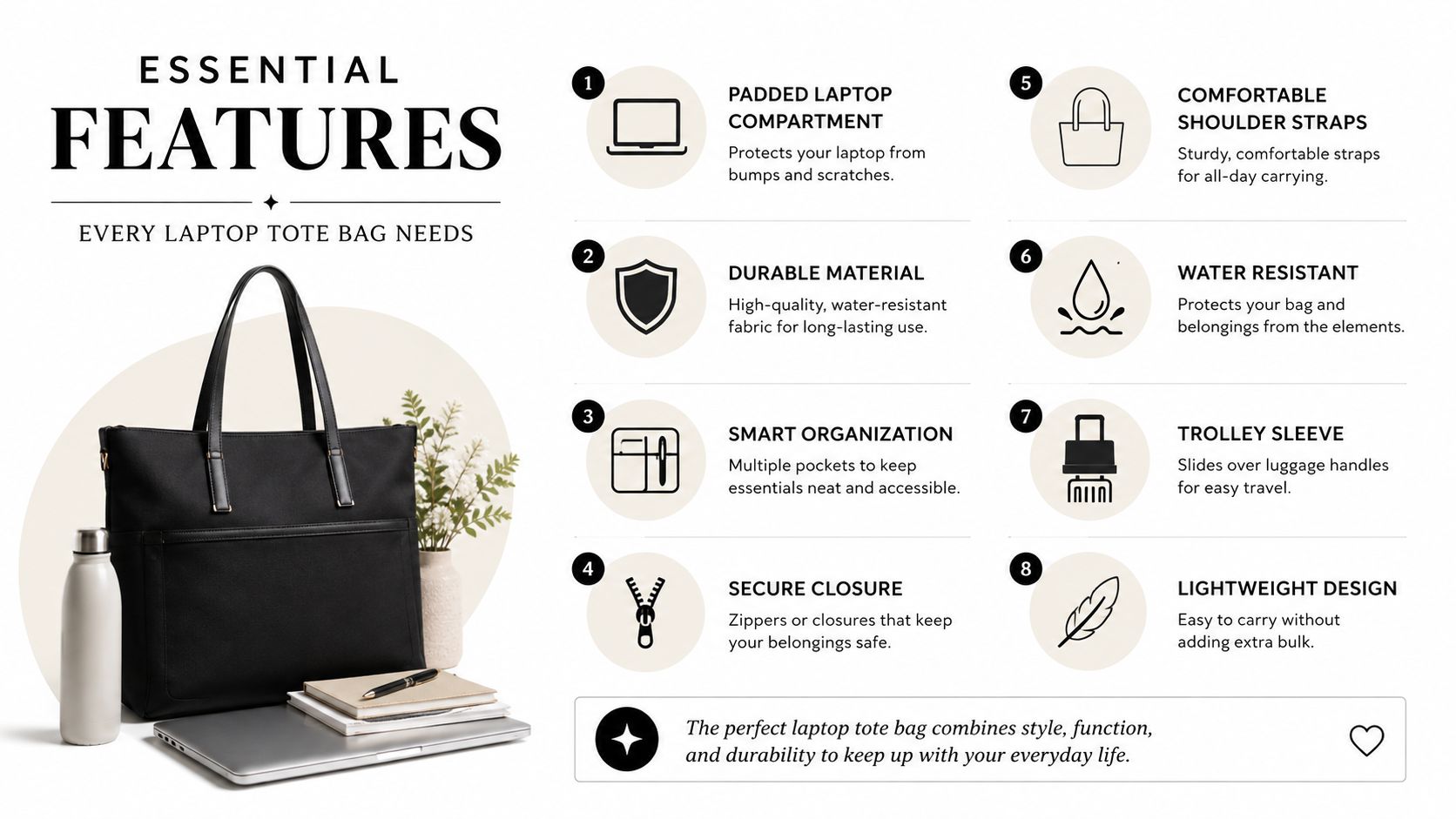 A black laptop tote bag for women shown with eight key features for travel and organization.