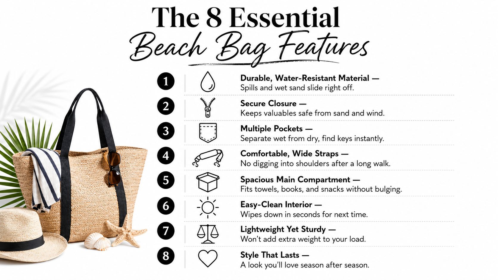 A list graphic of the eight essential features of a high-quality beach bag displayed beside a tote.