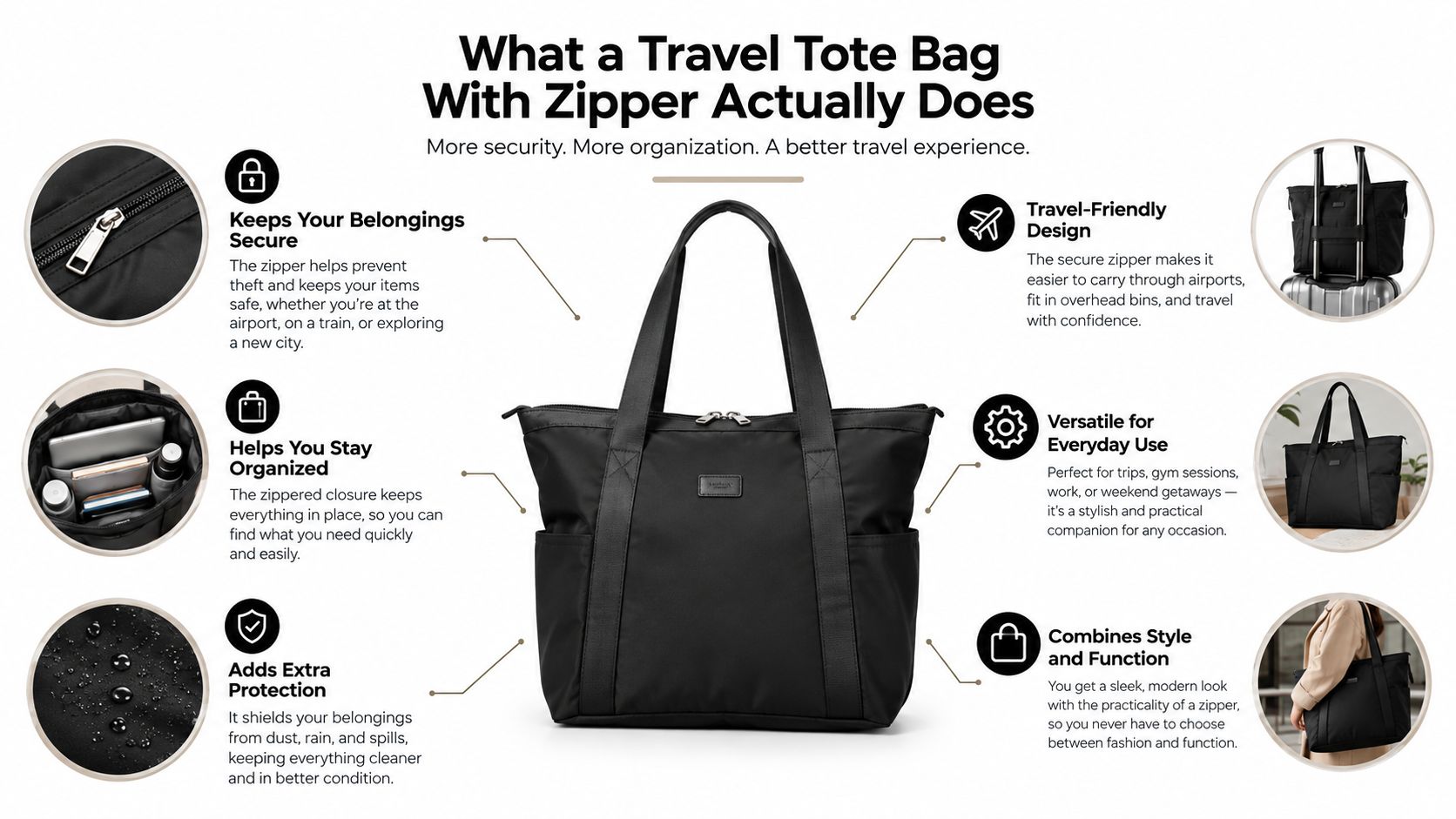 A black travel tote bag with a zipper, showcasing its organization, security, and functional design features.