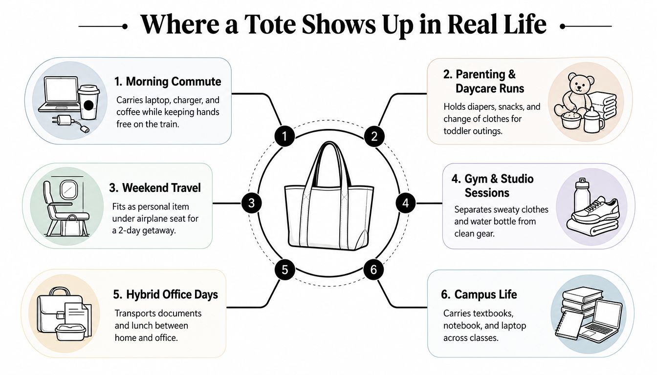A diagram illustrating six versatile use cases for a tote bag, including commuting, parenting, and travel.