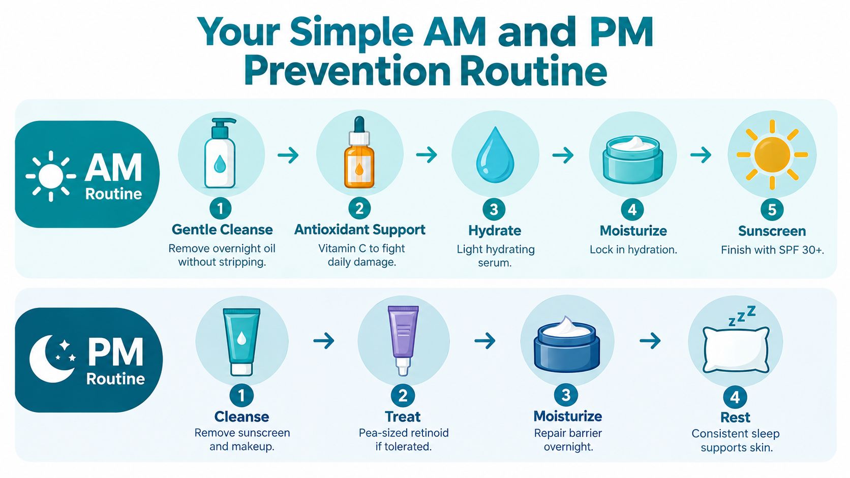 A step-by-step infographic showing morning and evening skincare routine steps to prevent skin damage and wrinkles.