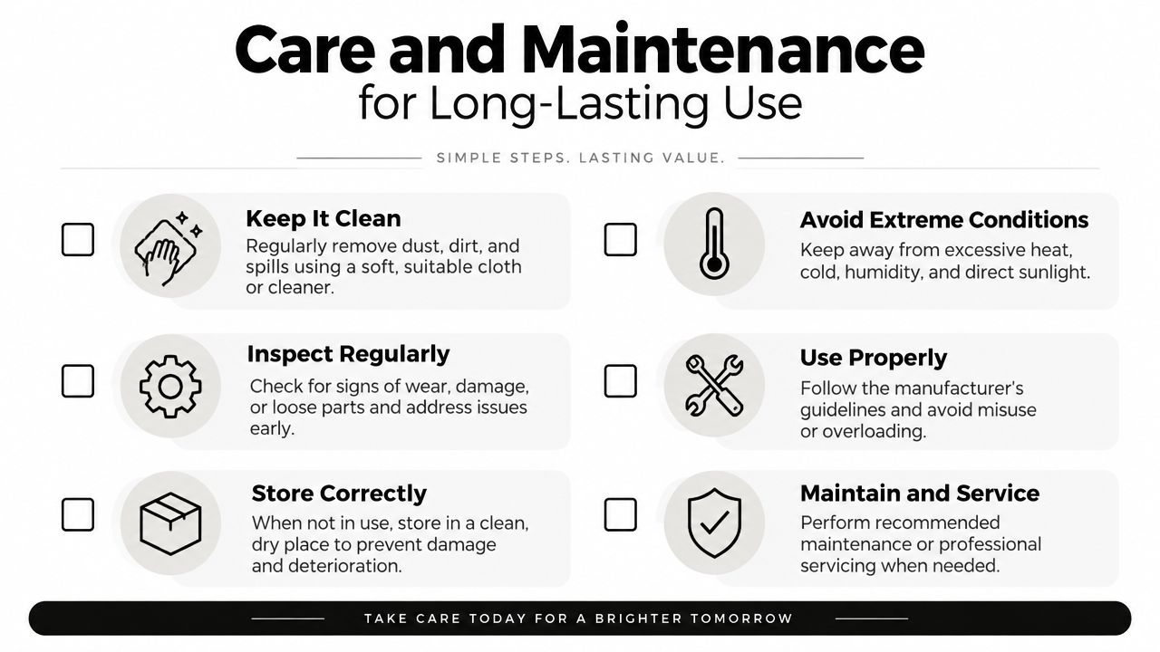 A checklist infographic titled Care and Maintenance for Long-Lasting Use, outlining six essential steps for product care.