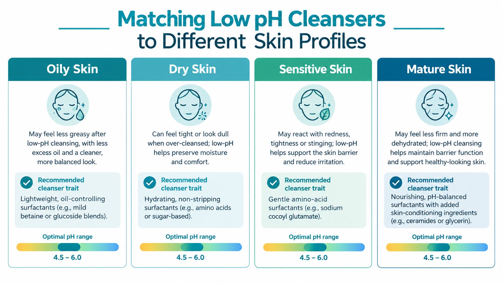 A chart showing recommended low pH cleansers and optimal pH ranges for oily, dry, sensitive, and mature skin.