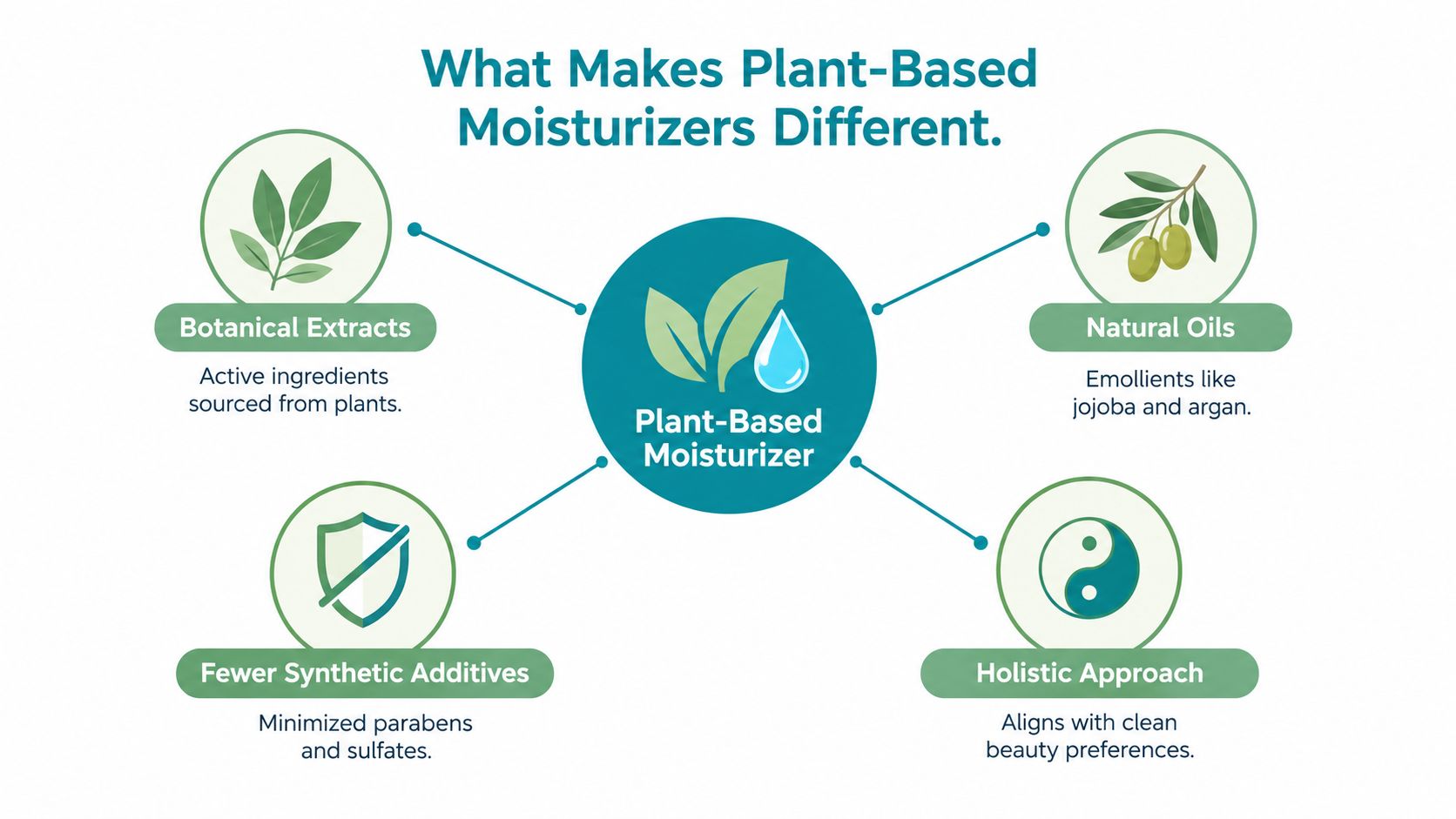 An infographic titled What Makes Plant-Based Moisturizers Different with four key features: Botanical Extracts, Natural Oils, Fewer Synthetic Additives, and Holistic Approach.