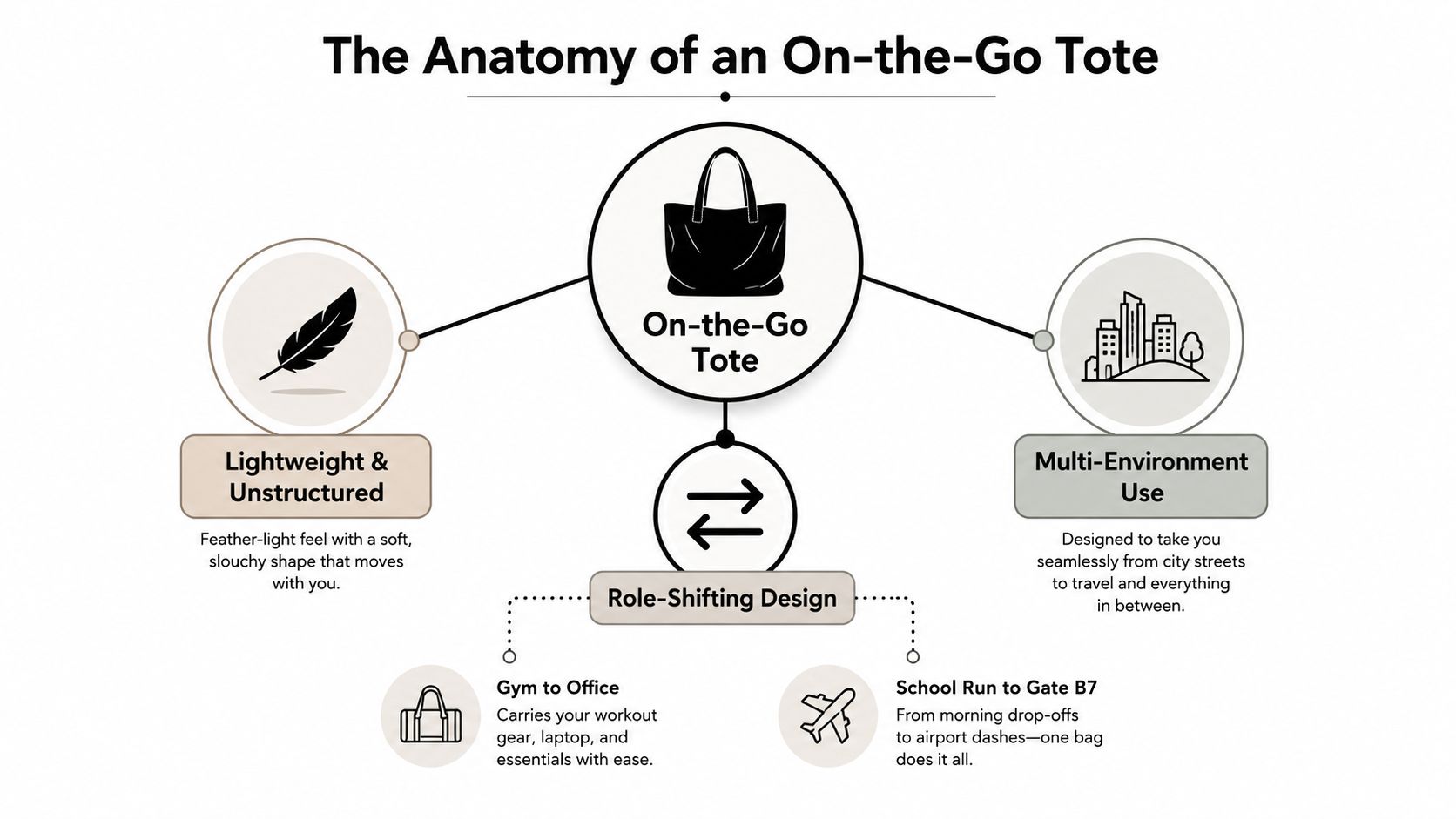 An infographic titled The Anatomy of an On-the-Go Tote, explaining features like lightweight, versatile design and utility.