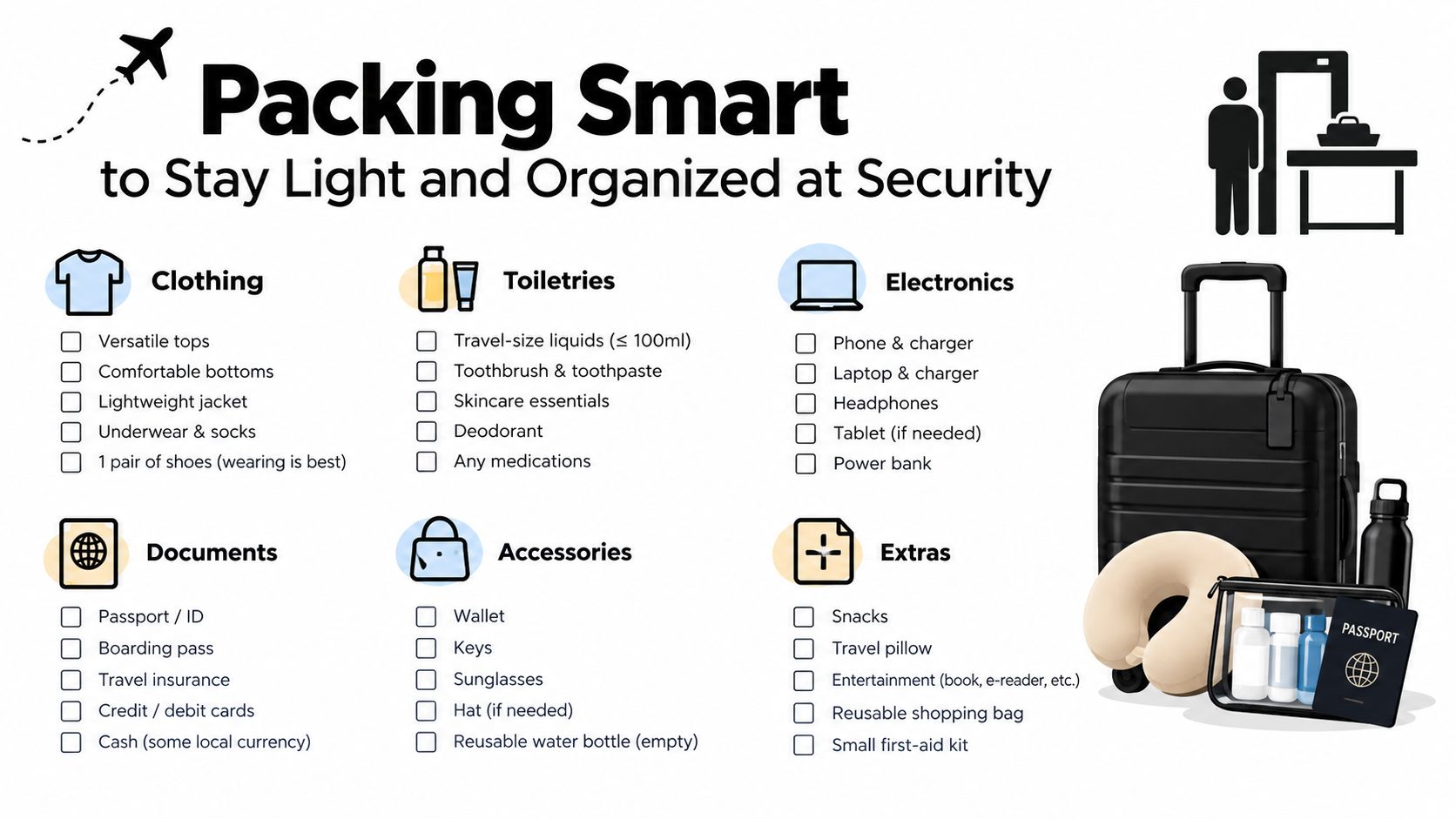 A travel checklist graphic titled Packing Smart, showing categories for clothing, toiletries, electronics, documents, accessories, and extras.