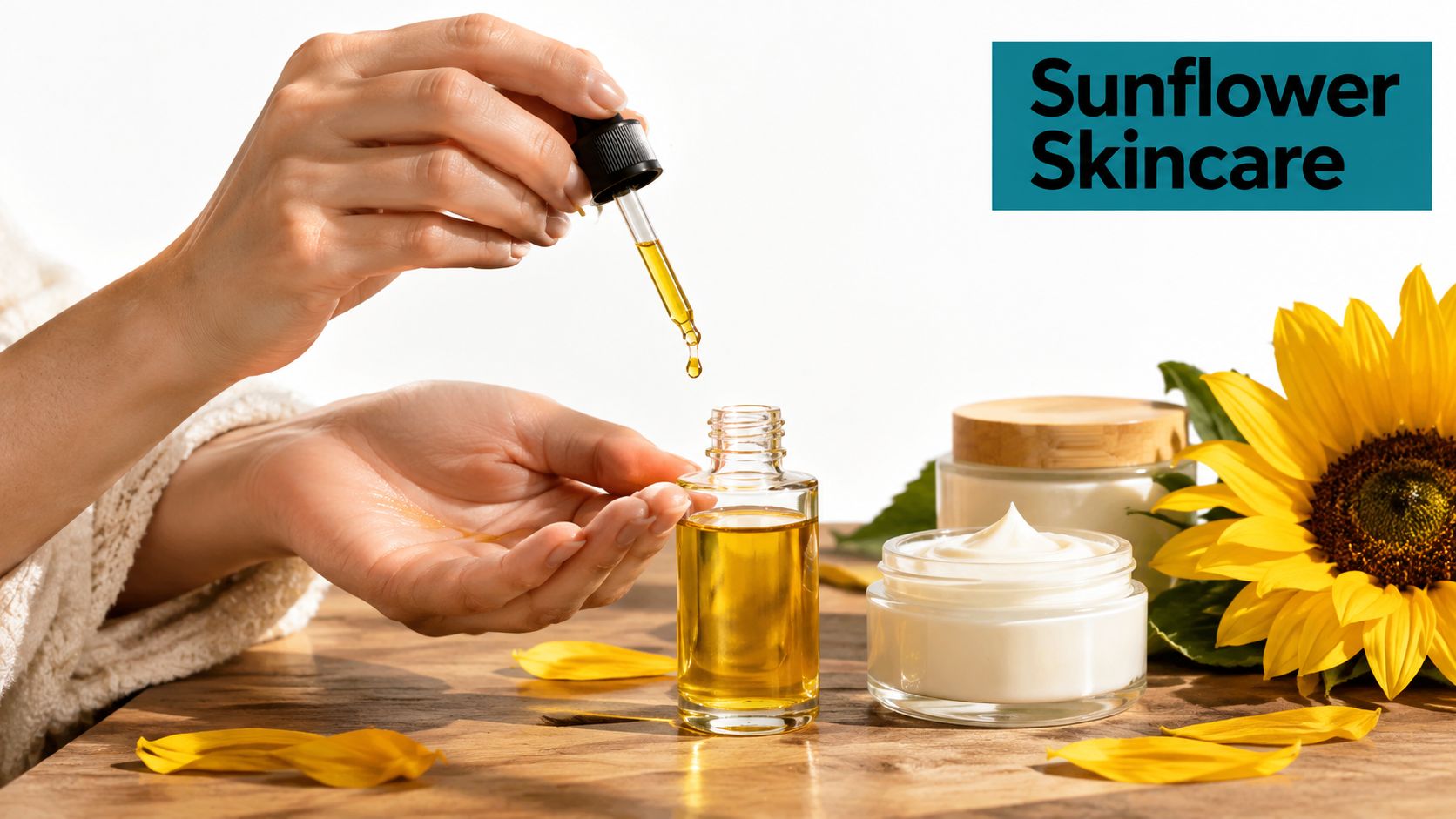 A person applying golden sunflower oil from a glass dropper onto their palm near skincare products.