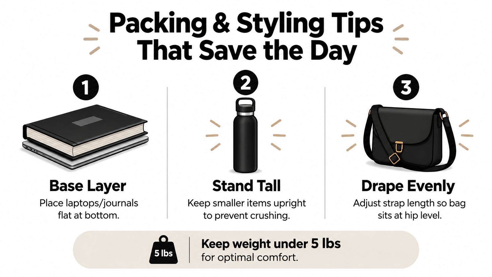 An infographic showing three tips for packing and styling a bag with a weight limit guide.
