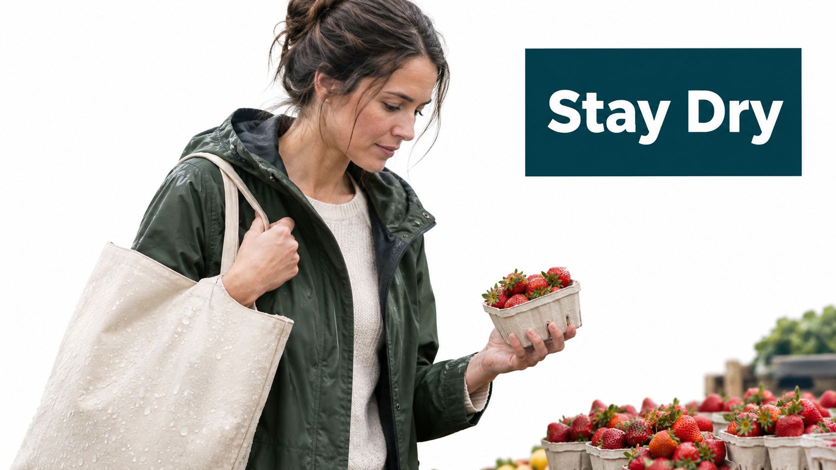 A woman in a rain jacket carries a tote bag while selecting fresh strawberries at a market.