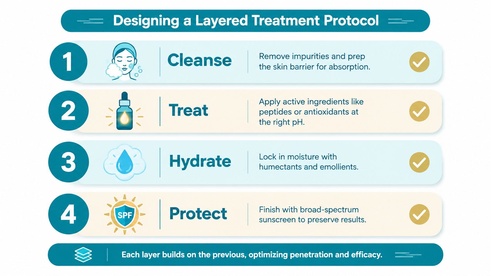 An infographic titled Designing a Layered Treatment Protocol, illustrating four essential skincare steps: cleanse, treat, hydrate, and protect.