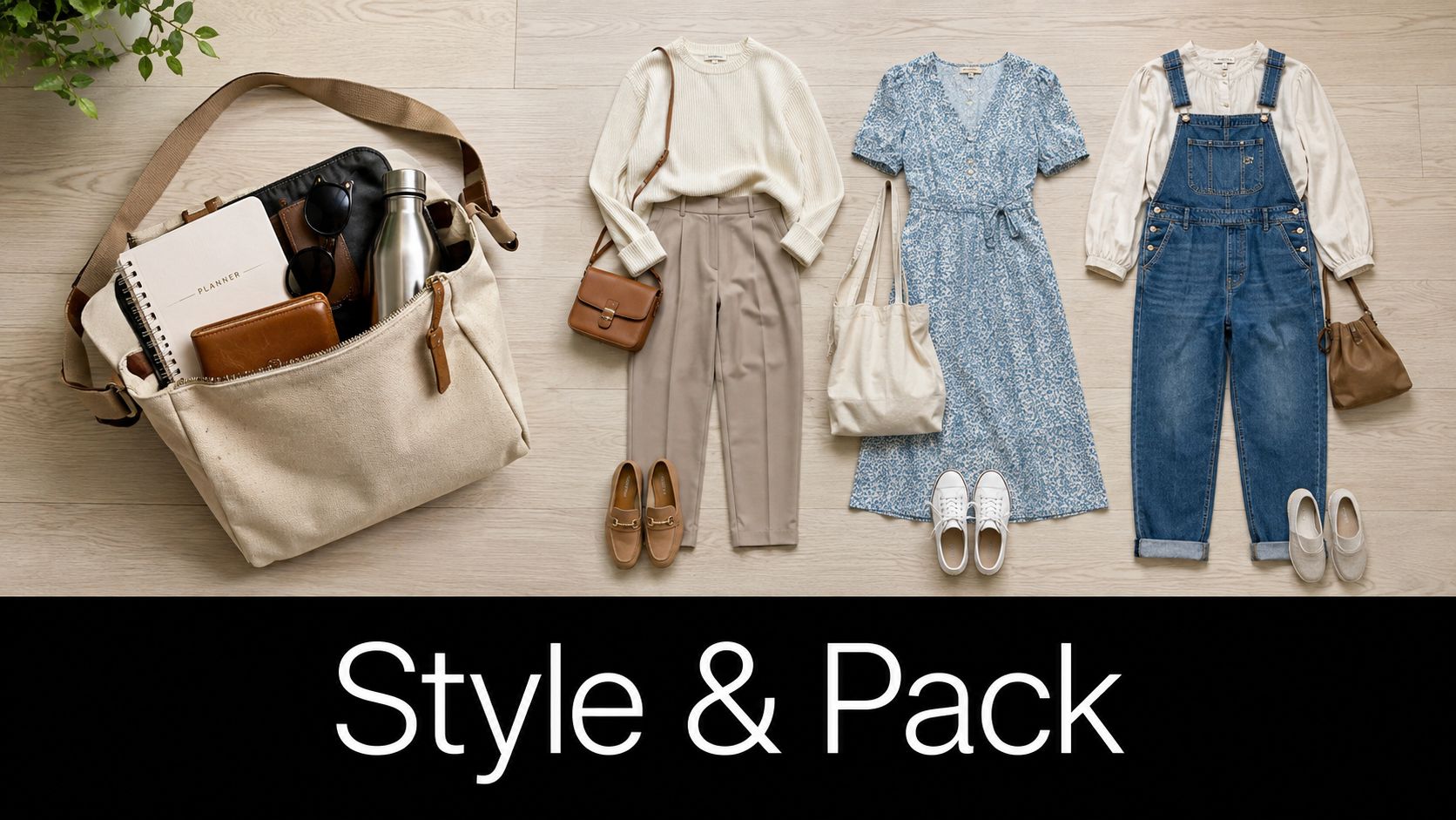 A flat lay of a canvas crossbody tote bag filled with travel essentials, next to three styled outfits.