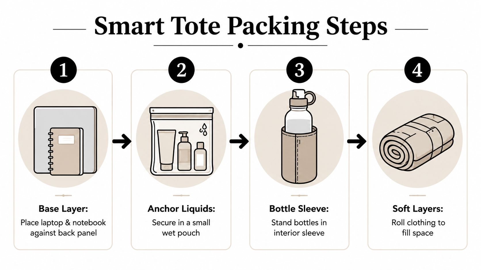 An instructional infographic detailing four easy steps for organized packing of a smart tote bag.