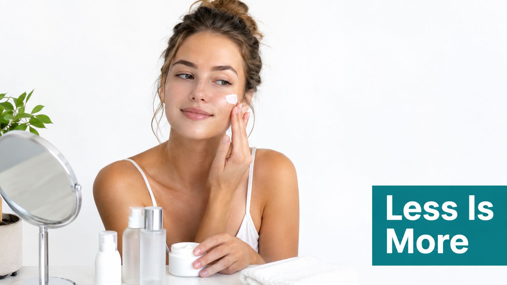 A woman applying face cream to her cheek while skincare products sit on a table nearby.