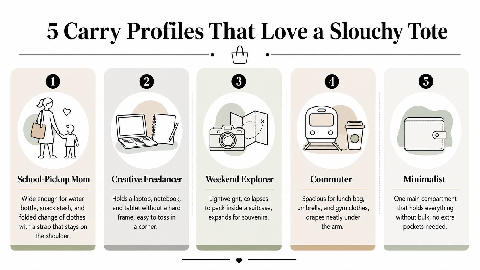 An infographic titled 5 Carry Profiles That Love a Slouchy Tote featuring illustrations for different personas.