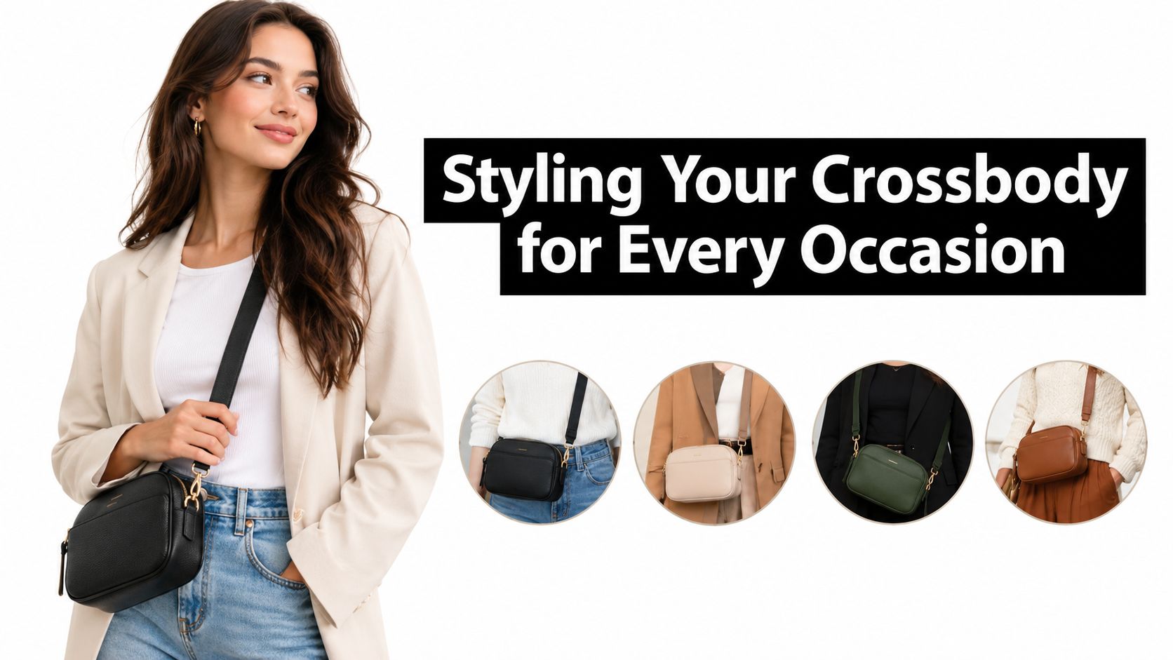 A stylish woman wears a black crossbody bag, showcasing various ways to style bags for different occasions.
