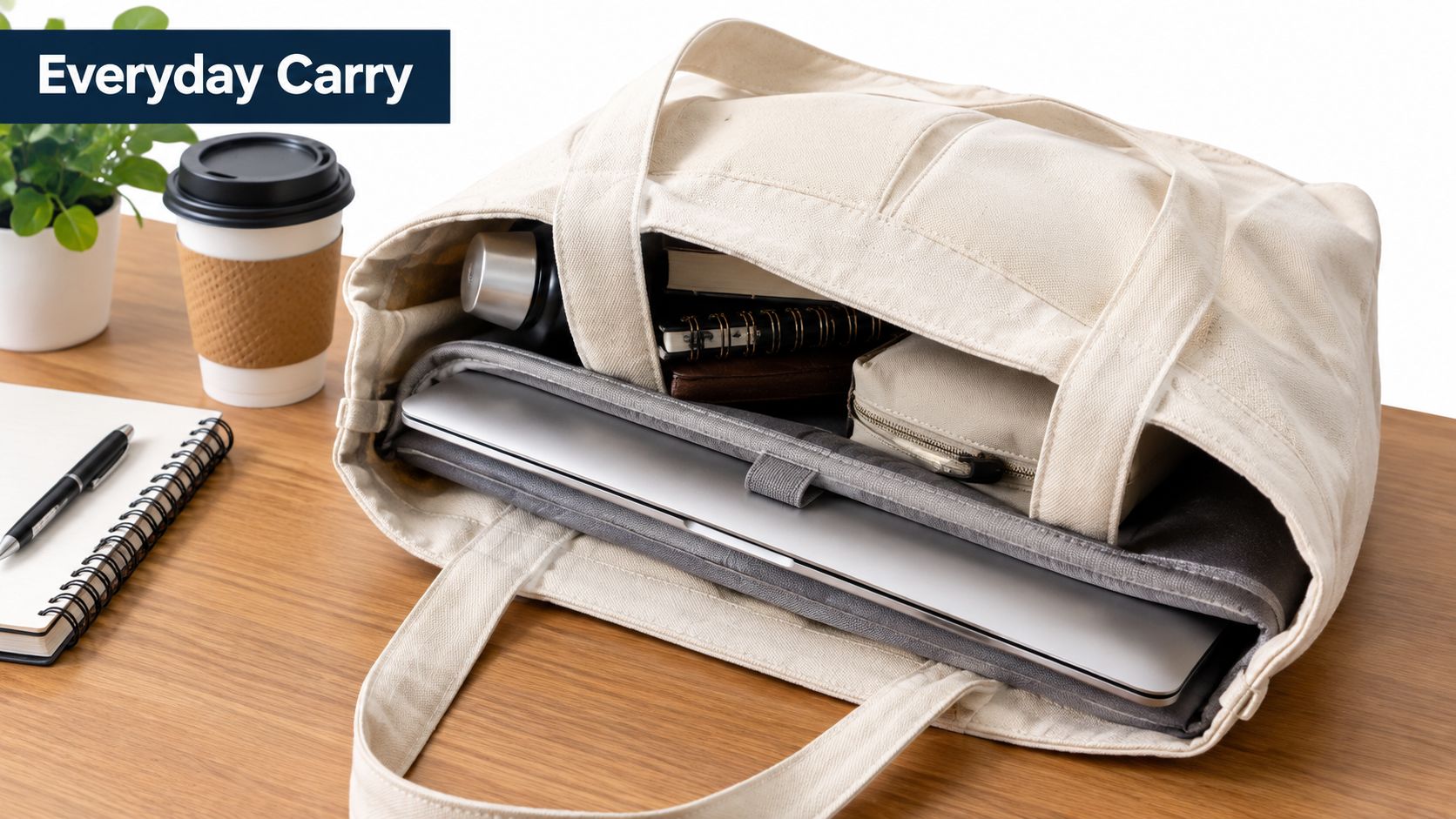 A canvas tote bag containing a laptop, notebooks, and a water bottle on a wooden desk.