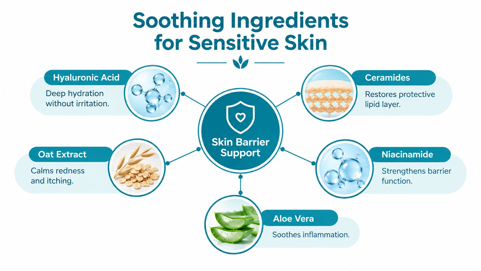 A diagram illustrating essential soothing skincare ingredients that support the skin barrier for individuals with sensitive skin.