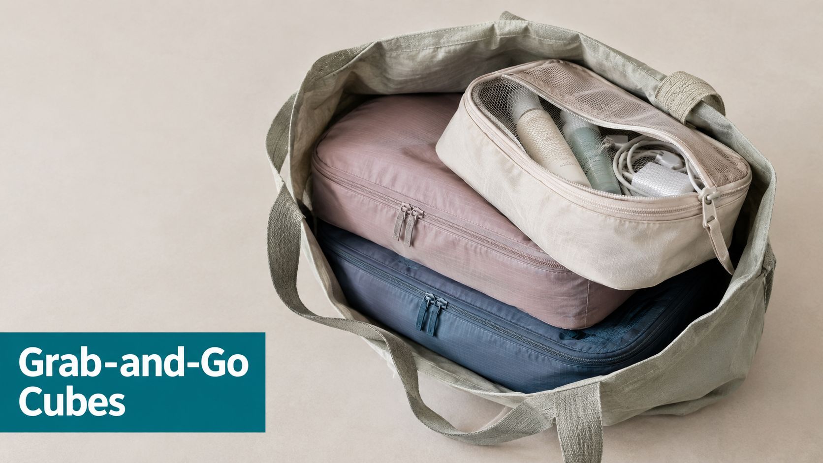 An open tote bag packed with several rectangular packing cubes containing travel toiletries and electronic accessories.