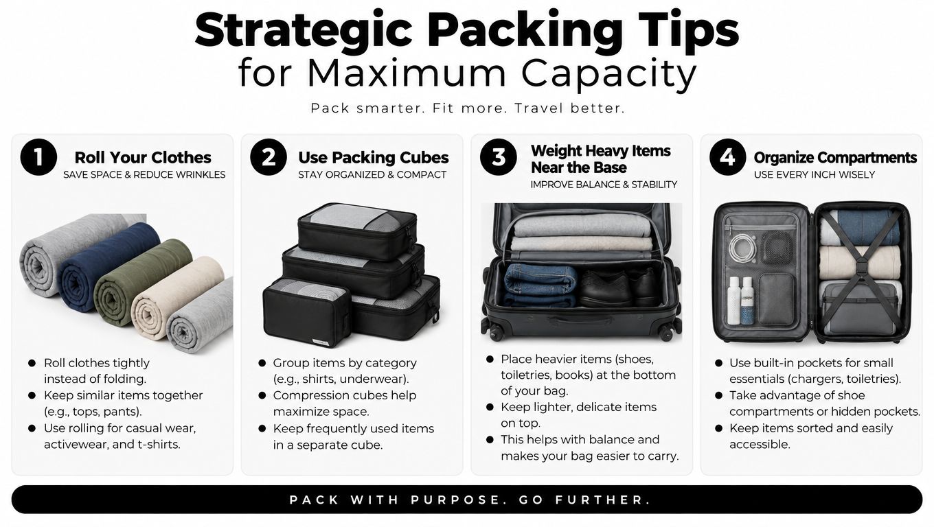 An infographic displaying four strategic packing tips for luggage to maximize space and organization while traveling.