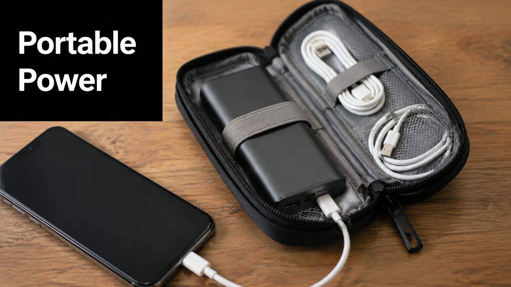 A black power bank inside a travel organizer case with charging cables, connected to a smartphone.