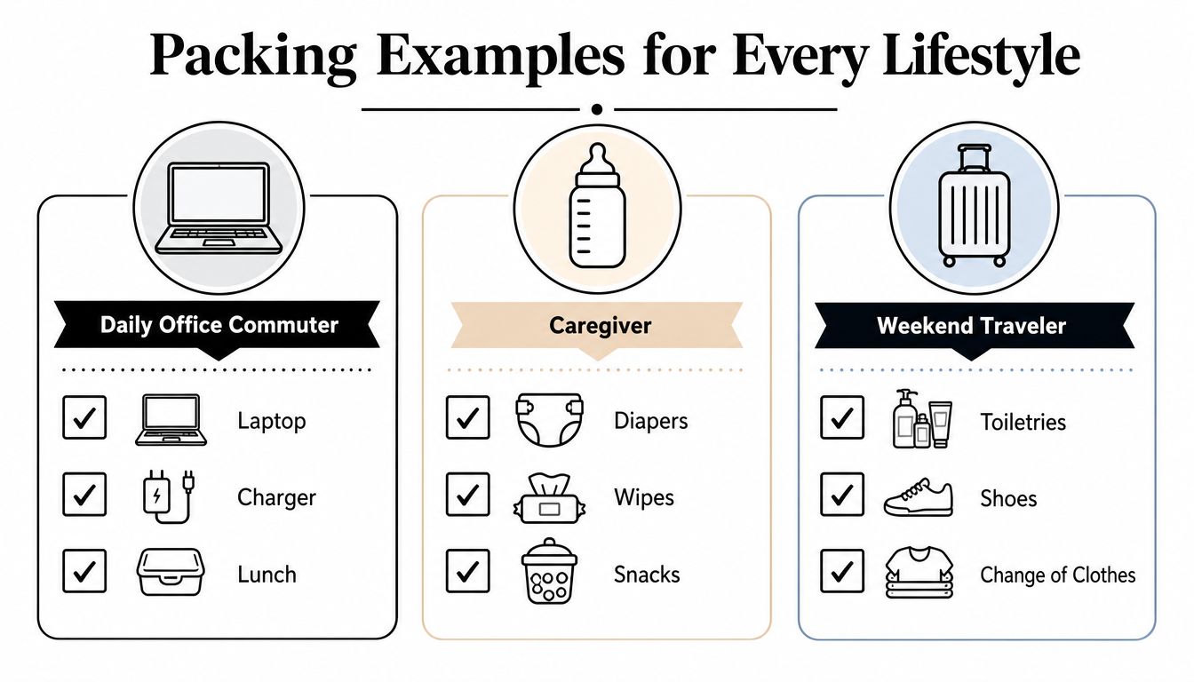 An infographic showing packing checklists for a daily office commuter, a caregiver, and a weekend traveler.