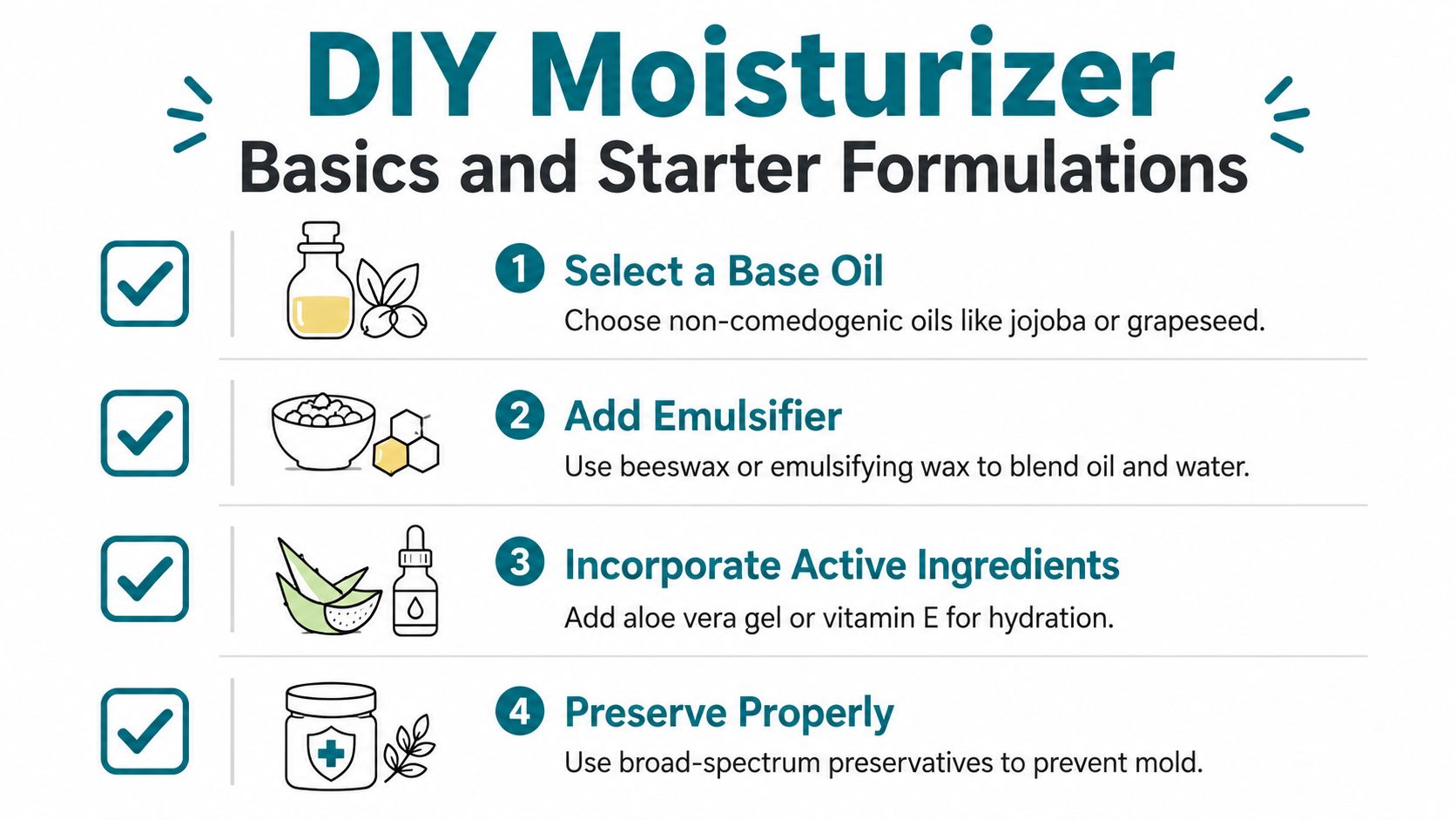 A four-step infographic guide for making DIY moisturizer with base oils, emulsifiers, active ingredients, and preservatives.