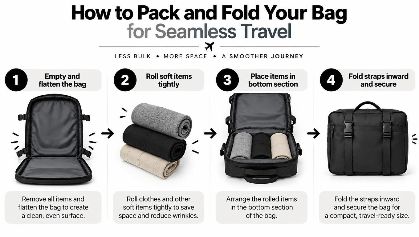 A four-step infographic illustrating how to properly pack and fold a travel bag for space efficiency.