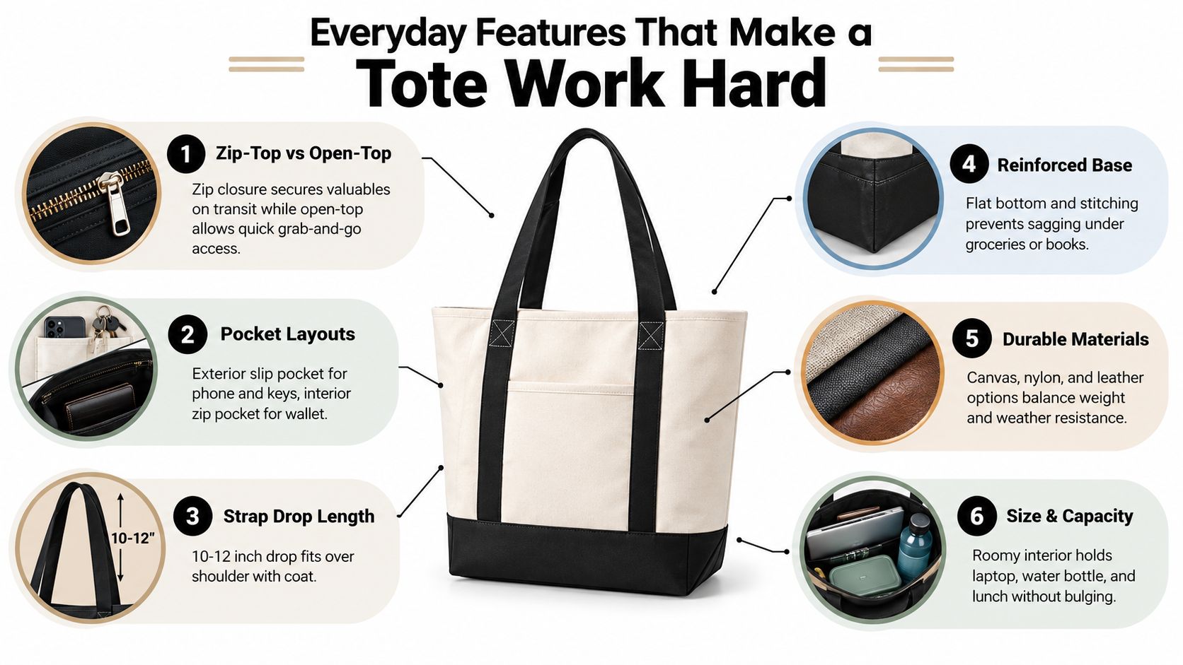 An informative diagram showcasing six key design features that make a canvas tote bag practical for everyday use.