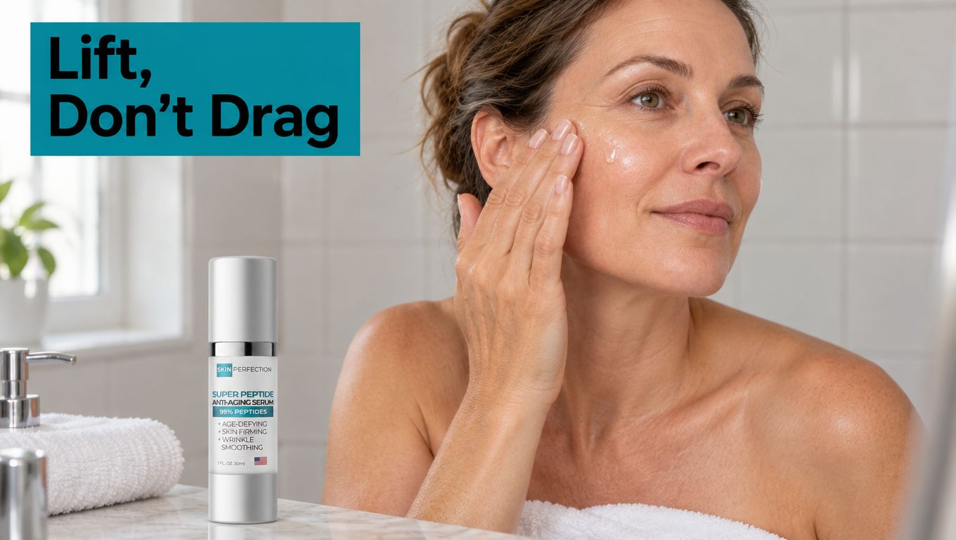 A woman applying anti-aging serum to her cheek to demonstrate proper facial application technique in a bathroom.