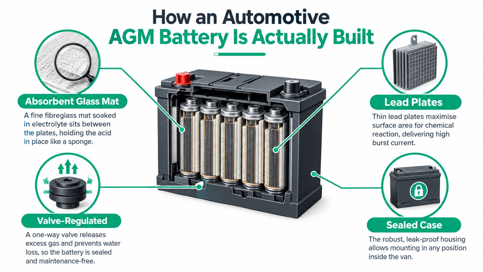 A diagram illustrating the internal components and construction of an automotive AGM battery with labeled features.