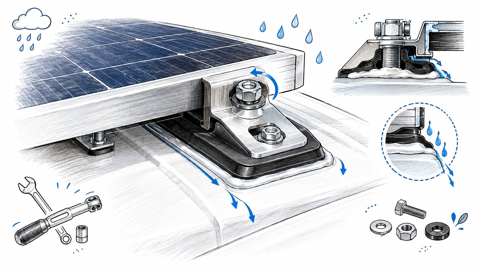 A detailed technical illustration demonstrating how to properly mount a solar panel onto a vehicle roof securely.