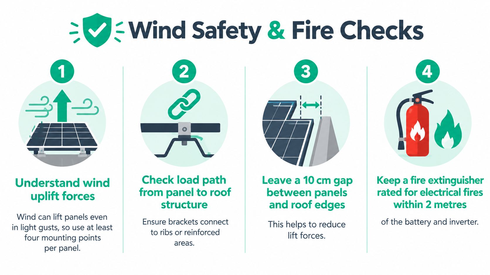 A safety infographic showing four essential steps for installing solar panels to withstand wind and fire risks.