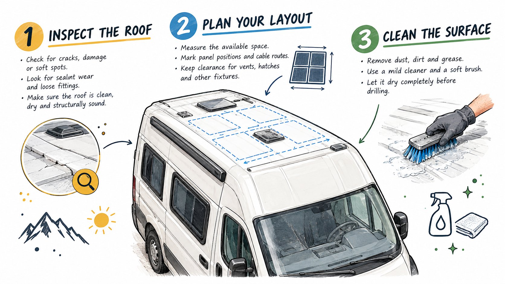 An infographic for preparing a van or caravan roof for drilling solar panel mounts, showing only the essential steps tha