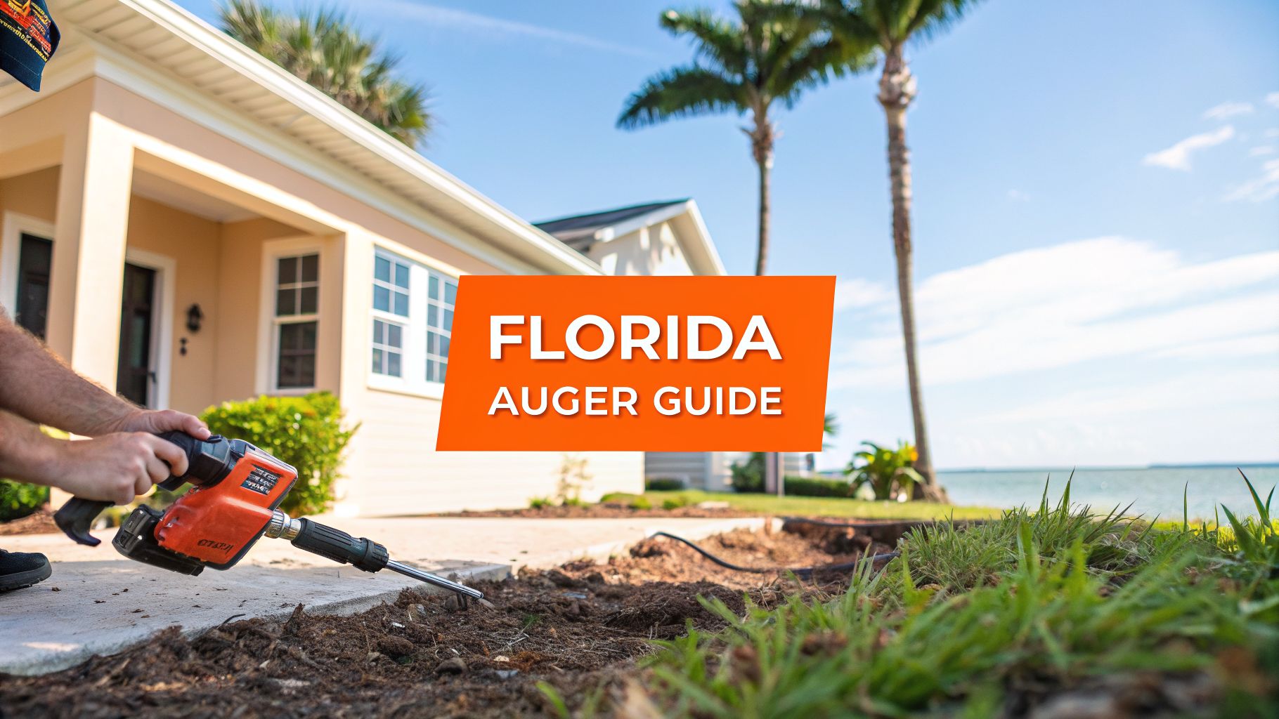 A person uses a battery-powered auger to dig into the soil in a sunny Florida landscape by a house and ocean.