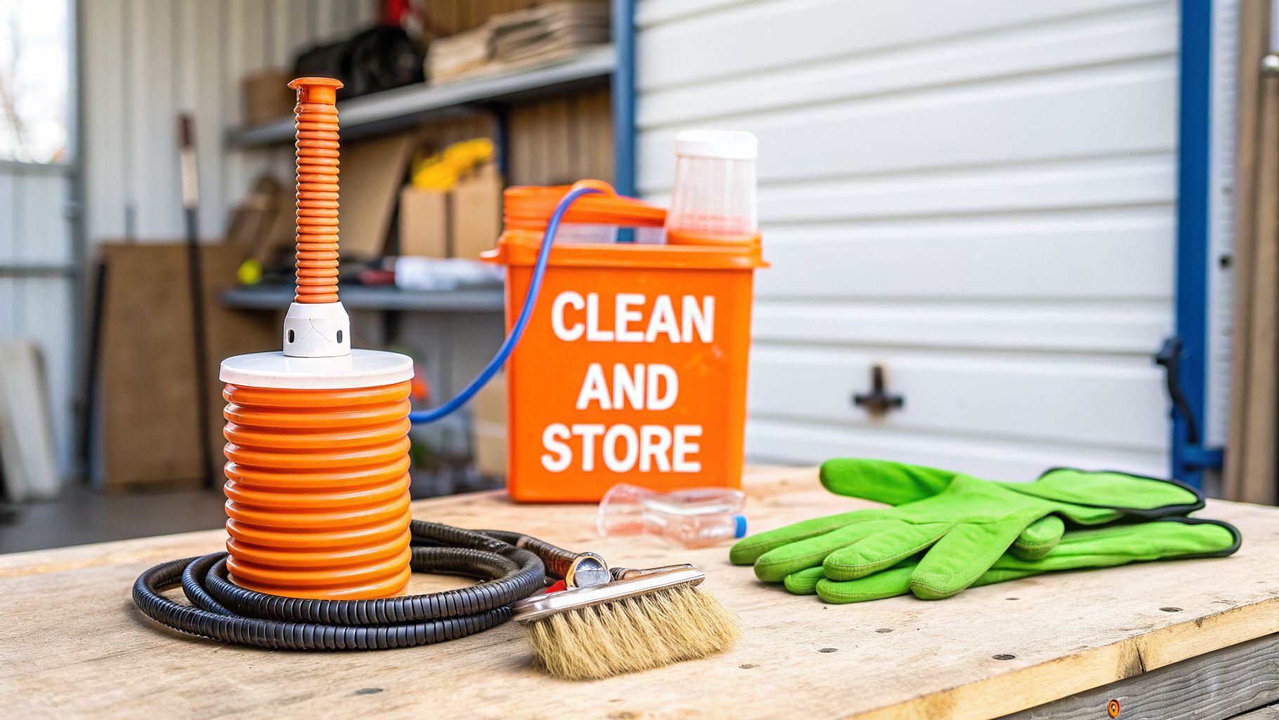 Cleaning and storage tools including a drain auger, gloves, and brush on a wooden workbench.