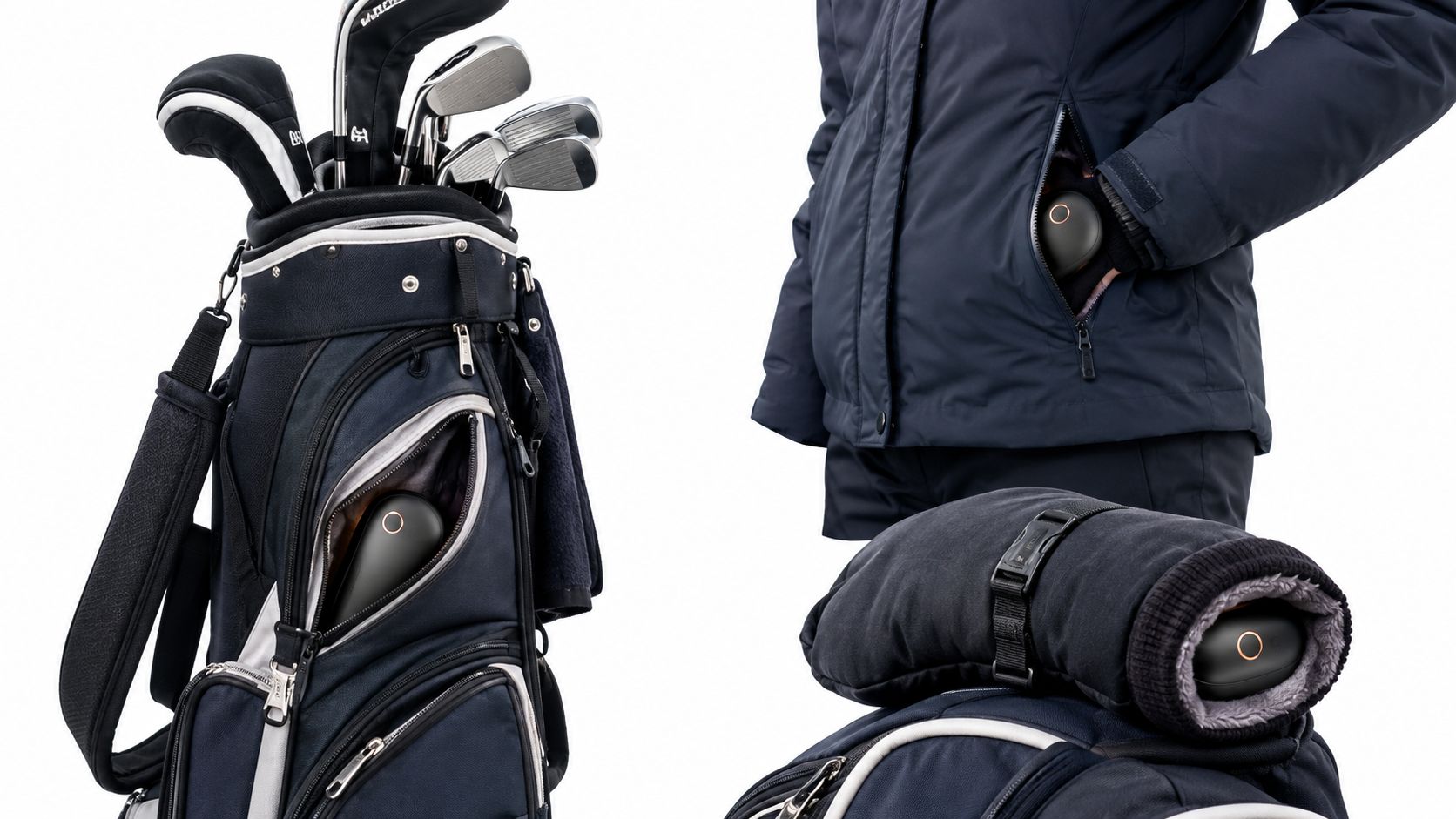 A portable electric golf hand warmer showcased inside a golf bag, a jacket pocket, and a hand muff.