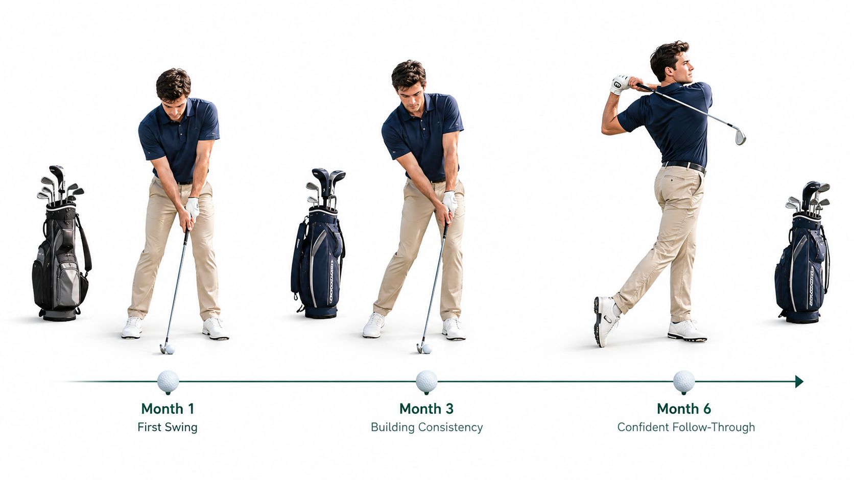 A progress chart of a golfer improving their swing form over six months of lessons.