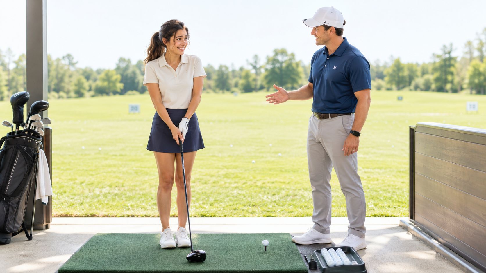 A professional golf instructor provides helpful guidance and encouragement to a female student at a driving range.