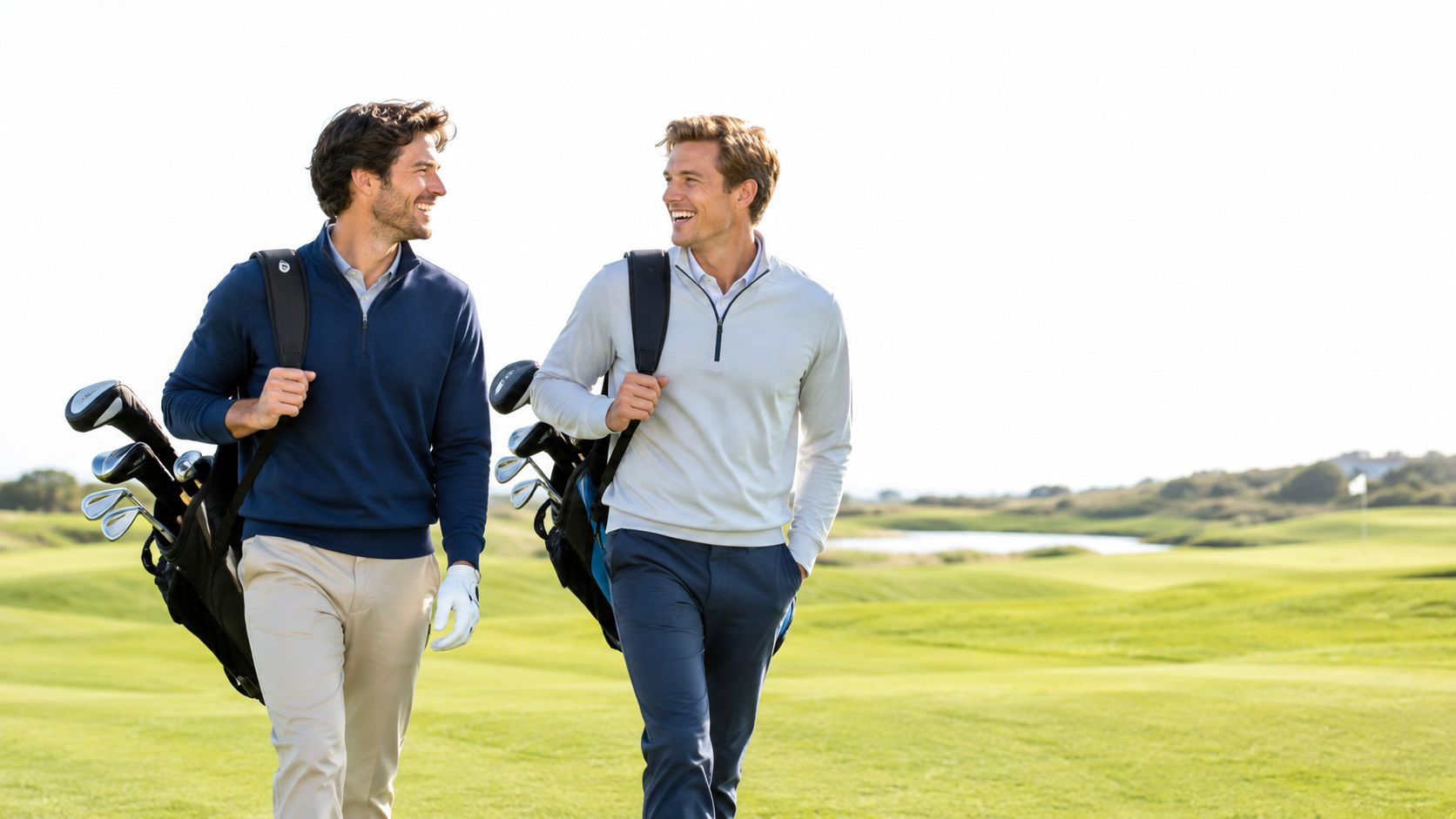 Two smiling male golfers walking together on a sunny golf course while carrying their golf club bags.