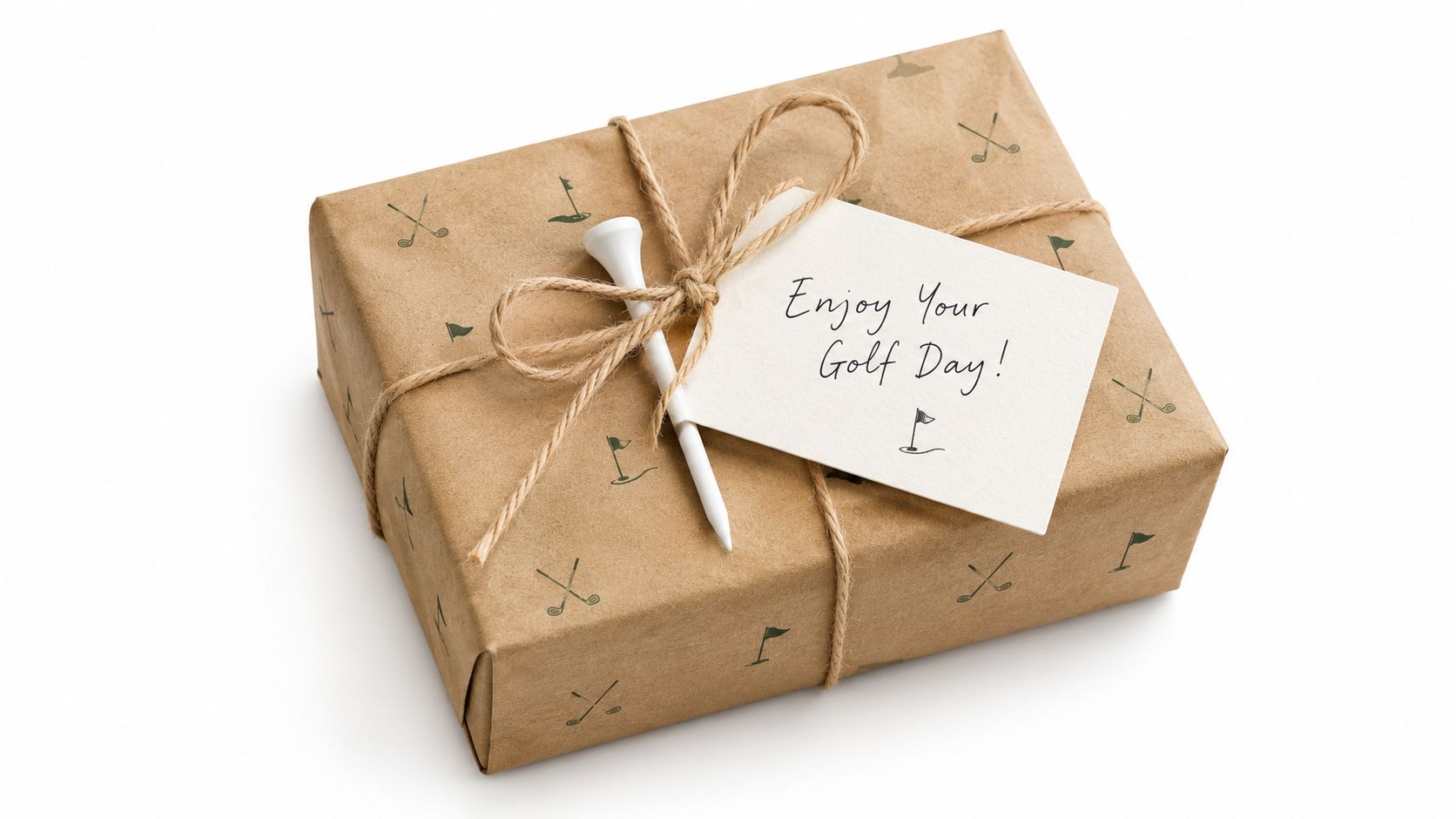 A wrapped gift box for a golfer featuring golf-themed wrapping paper, a white tee, and note.