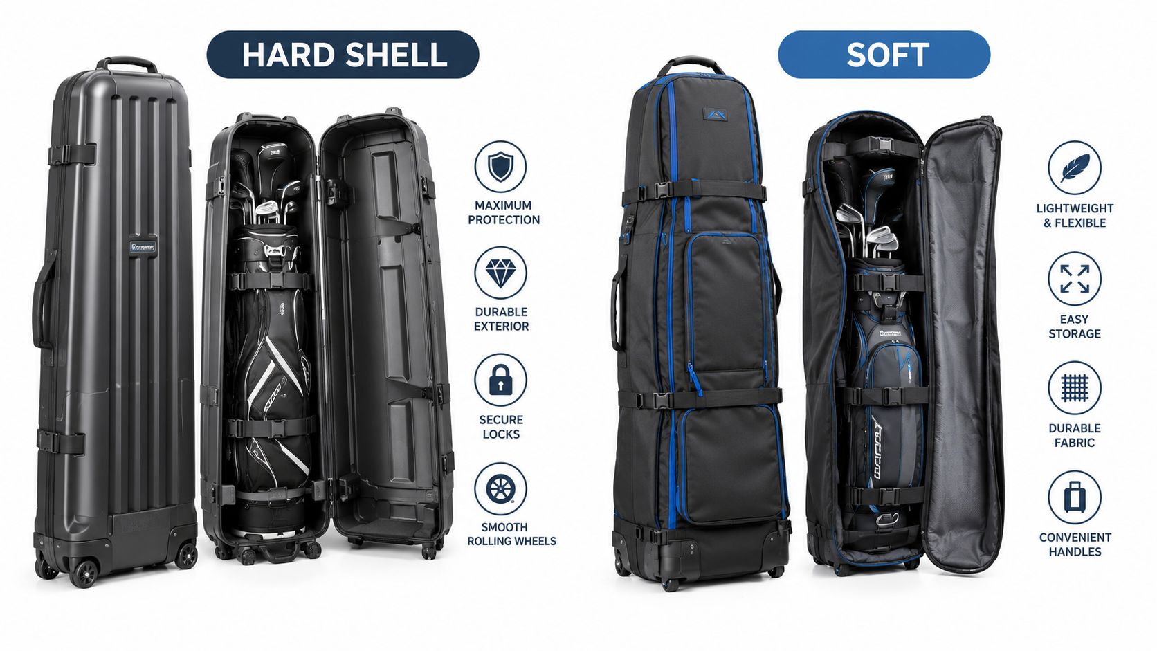 A side-by-side comparison of hard-shell and soft-shell golf travel cases with their respective features and benefits listed.